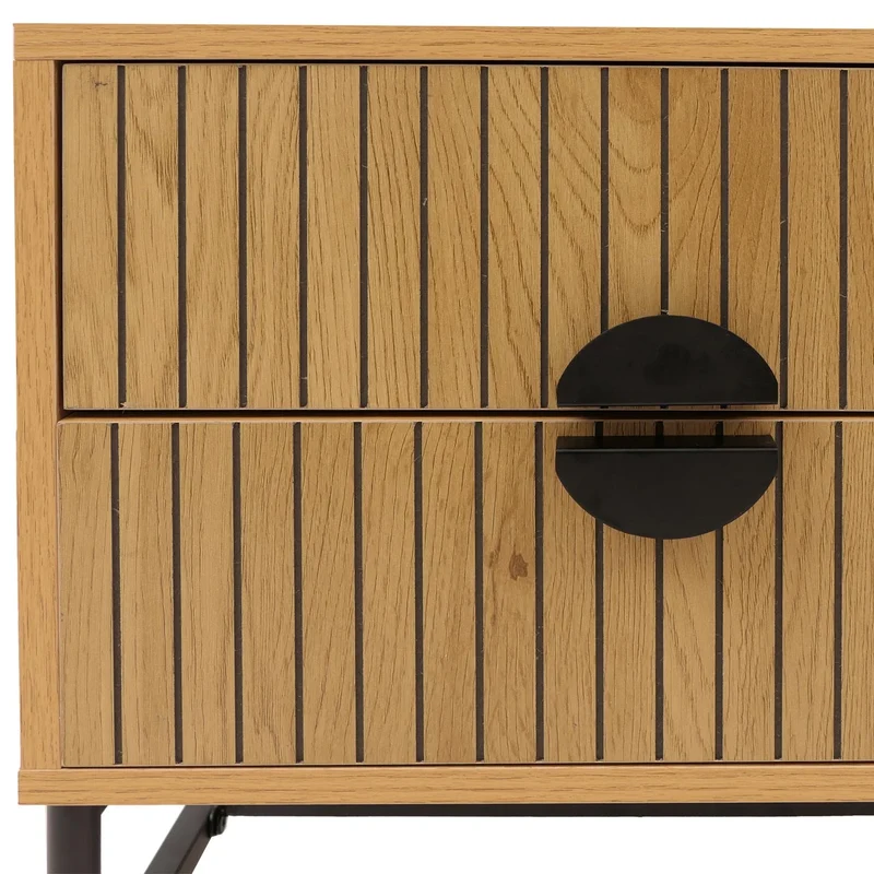 Table de chevet avec 2 tiroirs façades à lamelles design contemporain 50x48x39 cm en MDF mélaminé naturel et métal 04_0009197