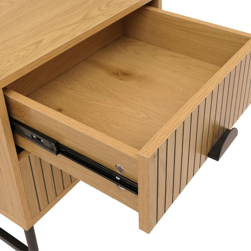 Table de chevet avec 2 tiroirs façades à lamelles design contemporain 50x48x39 cm en MDF mélaminé naturel et métal 04_0009197