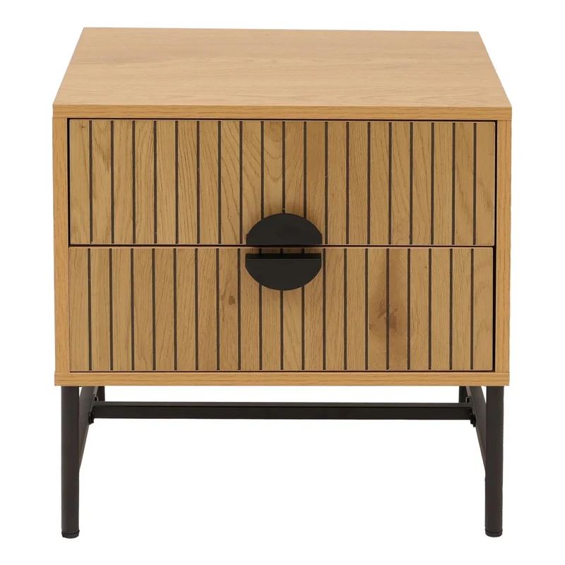 Table de chevet avec 2 tiroirs façades à lamelles design contemporain 50x48x39 cm en MDF mélaminé naturel et métal 04_0009197