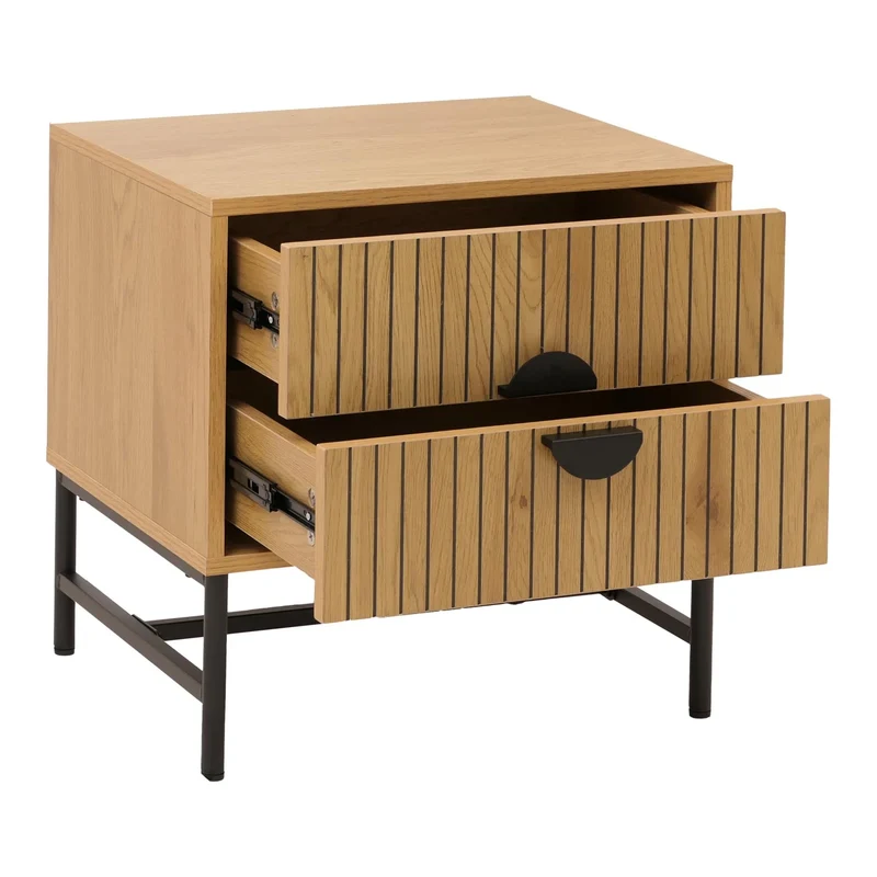 Table de chevet avec 2 tiroirs façades à lamelles design contemporain 50x48x39 cm en MDF mélaminé naturel et métal 04_0009197
