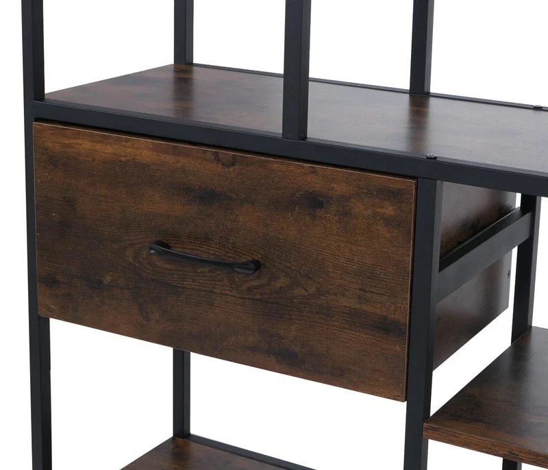 Bibliothèque industrielle avec tiroirs étagère sur pied 150x81x33 cm en MDF marron et métal noir 04_0008785
