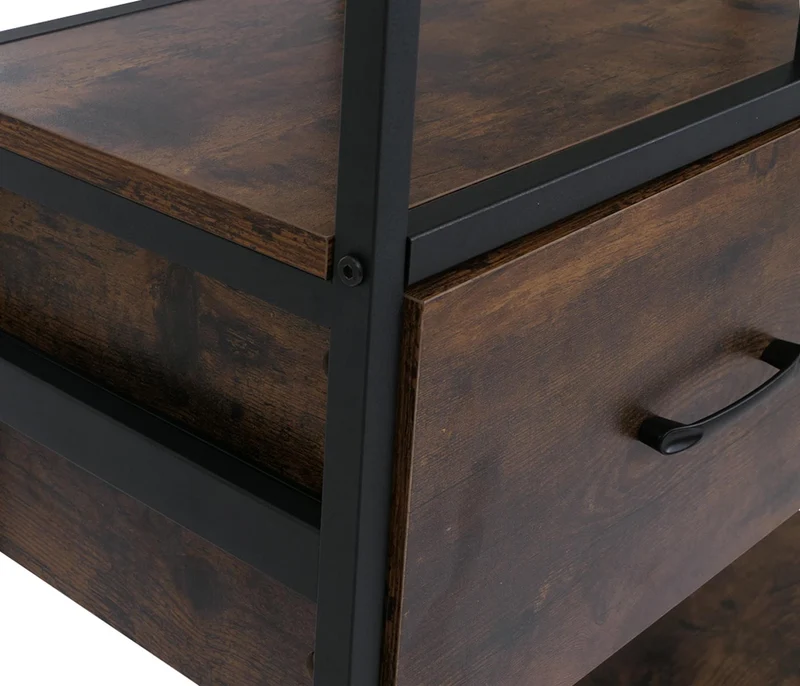 Bibliothèque industrielle avec tiroirs étagère sur pied 150x81x33 cm en MDF marron et métal noir 04_0008785