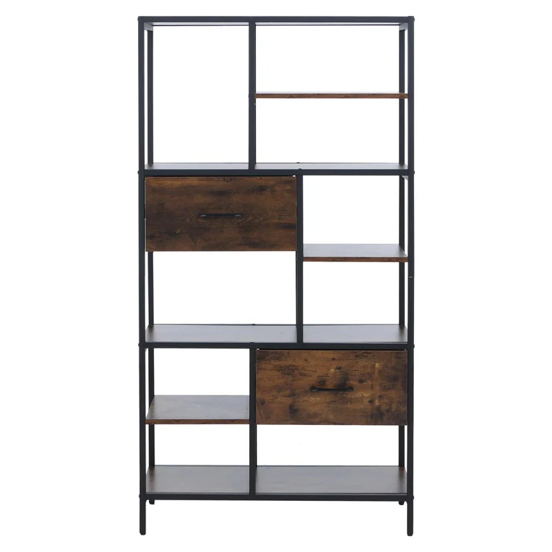 Bibliothèque industrielle avec tiroirs étagère sur pied 150x81x33 cm en MDF marron et métal noir 04_0008785