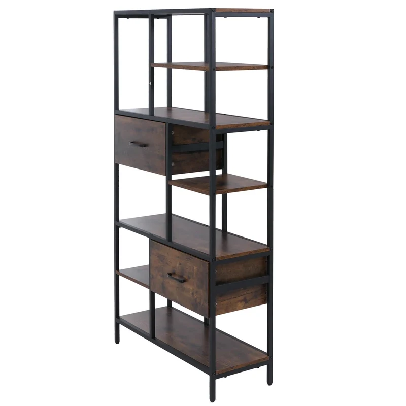 Bibliothèque industrielle avec tiroirs étagère sur pied 150x81x33 cm en MDF marron et métal noir 04_0008785