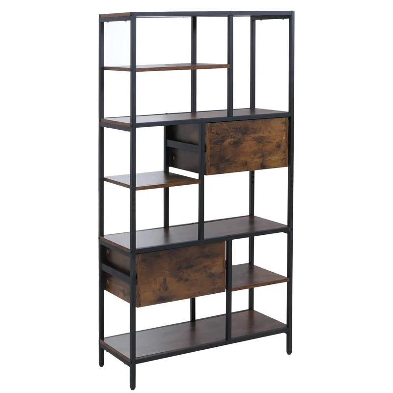 Bibliothèque industrielle avec tiroirs étagère sur pied 150x81x33 cm en MDF marron et métal noir 04_0008785