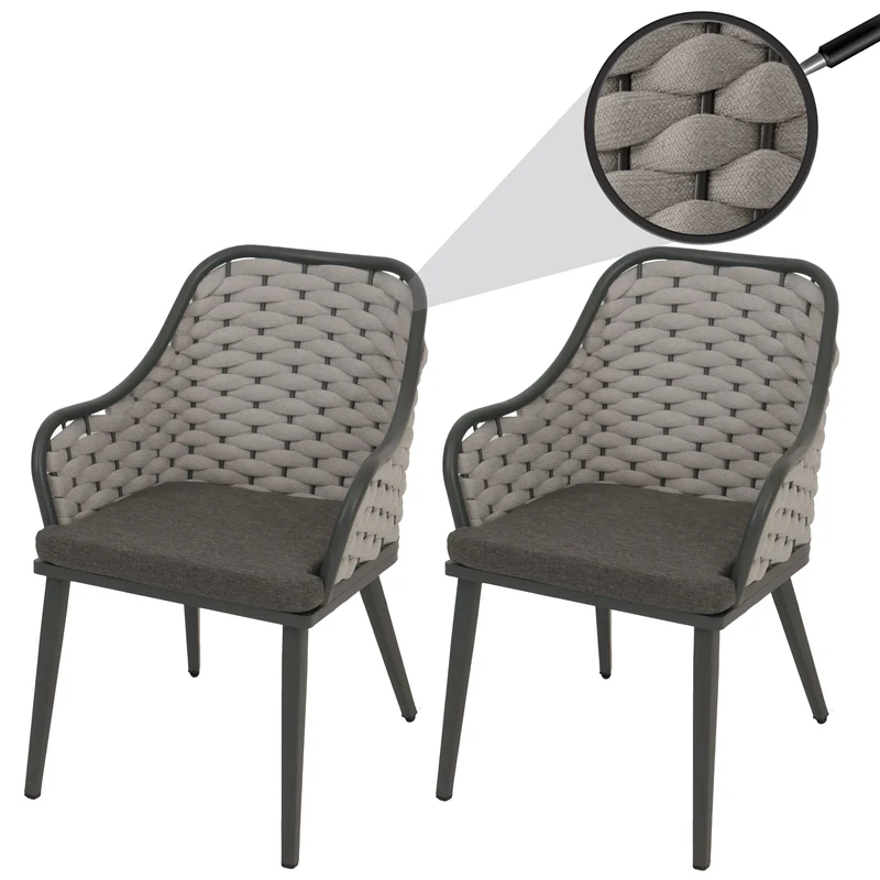 Lot de 2 chaises de jardin avec tressage épais et coussins gris foncé style moderne en aluminium gris 04_0009592