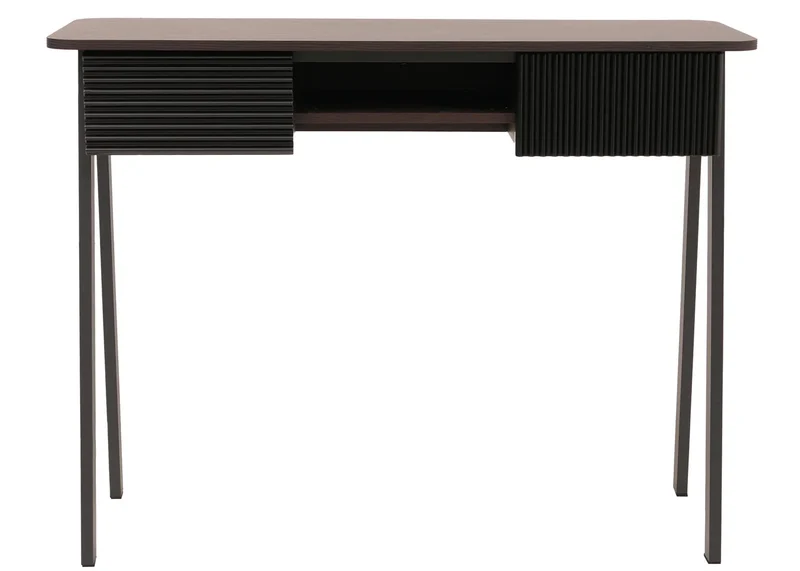 Console bureau 2 tiroirs et compartiment ouvert façades structurées 88x110x40 cm en MDF mélaminé finition noyer et métal 04_0009202