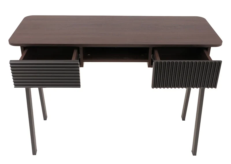 Console bureau 2 tiroirs et compartiment ouvert façades structurées 88x110x40 cm en MDF mélaminé finition noyer et métal 04_0009202