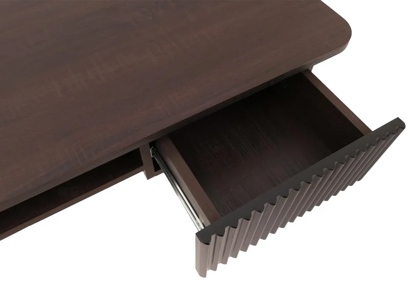 Console bureau 2 tiroirs et compartiment ouvert façades structurées 88x110x40 cm en MDF mélaminé finition noyer et métal 04_0009202