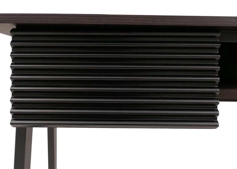 Console bureau 2 tiroirs et compartiment ouvert façades structurées 88x110x40 cm en MDF mélaminé finition noyer et métal 04_0009202
