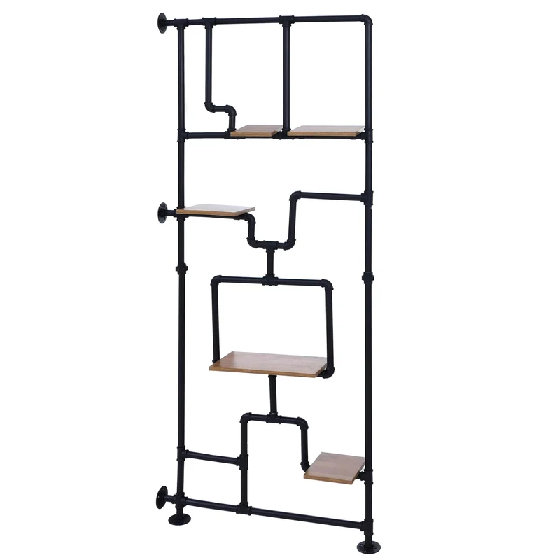 Bibliothèque séparateur de pièce style industriel 5 étagères 203 x 80 cm MDF brun clair et fer 04_0008758