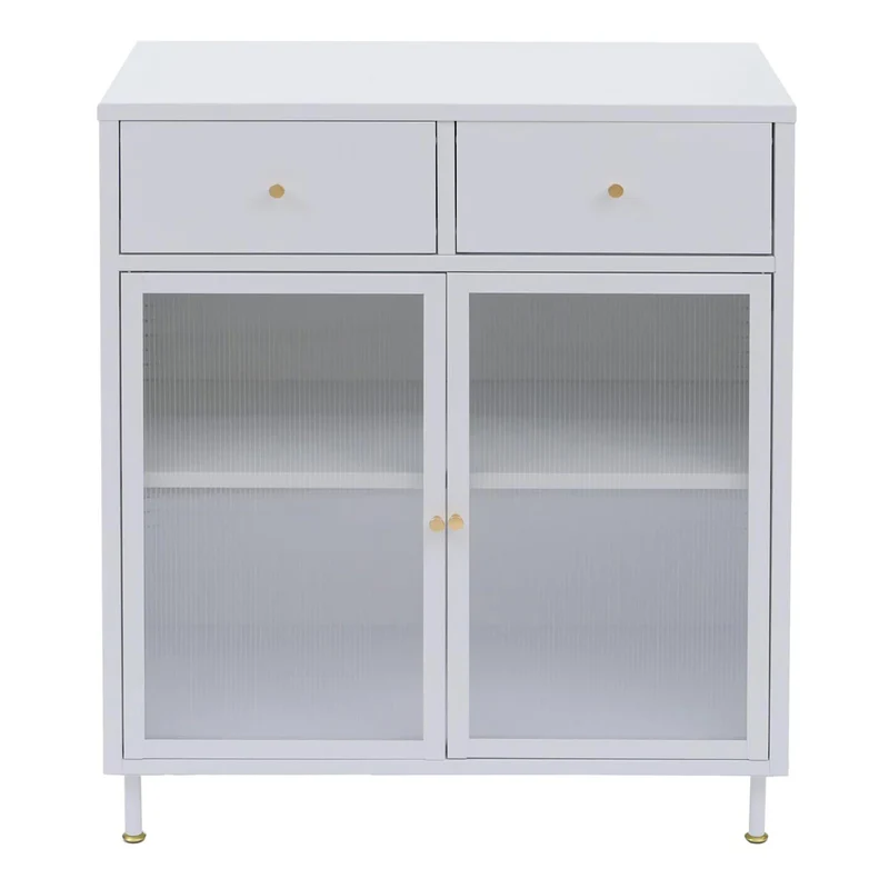Commode industrielle en métal blanc avec portes en verre strié 2 tiroirs et étagère réglable 96x80x40 cm 04_0008875