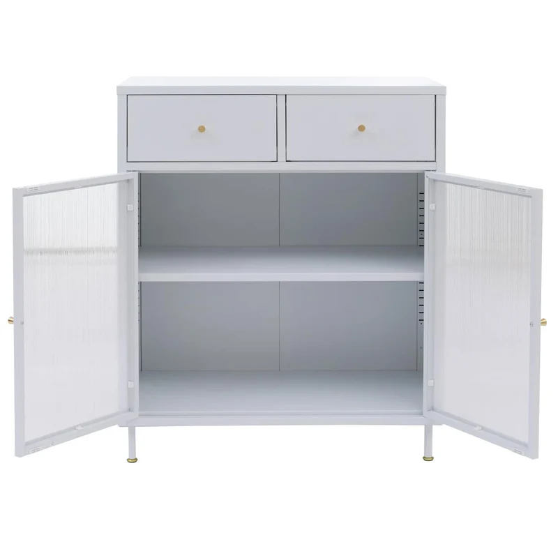 Commode industrielle en métal blanc avec portes en verre strié 2 tiroirs et étagère réglable 96x80x40 cm 04_0008875