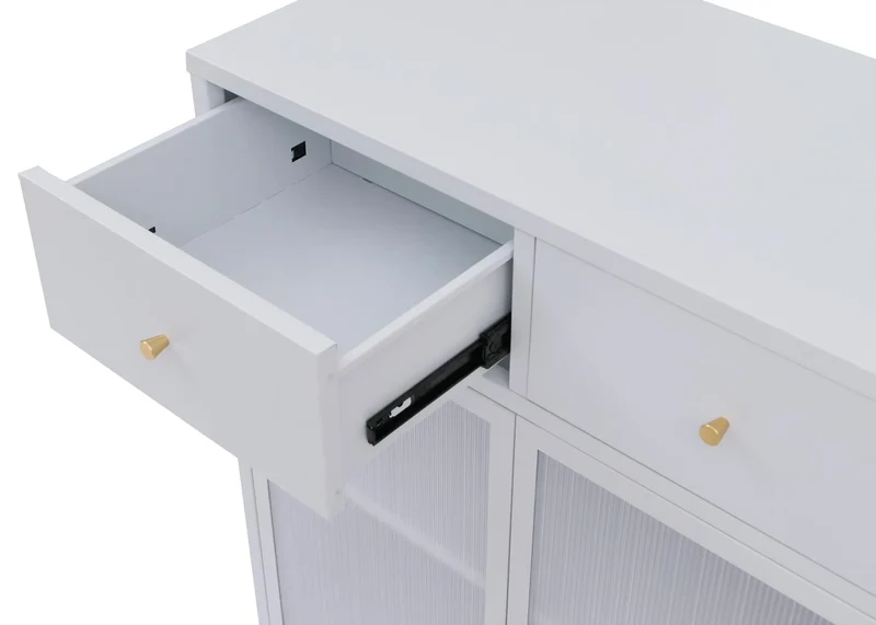 Commode industrielle en métal blanc avec portes en verre strié 2 tiroirs et étagère réglable 96x80x40 cm 04_0008875