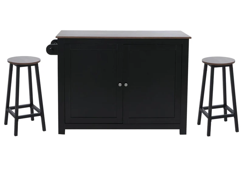 Îlot de cuisine avec 2 tabourets placard de rangement et tiroir 90x120x45 cm noir et bois foncé 04_0008780