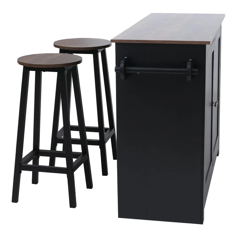 Îlot de cuisine avec 2 tabourets placard de rangement et tiroir 90x120x45 cm noir et bois foncé 04_0008780
