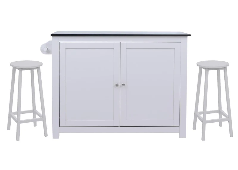 Îlot de cuisine avec 2 tabourets placard de rangement et tiroir 90x120x45 cm blanc et noir 04_0008781