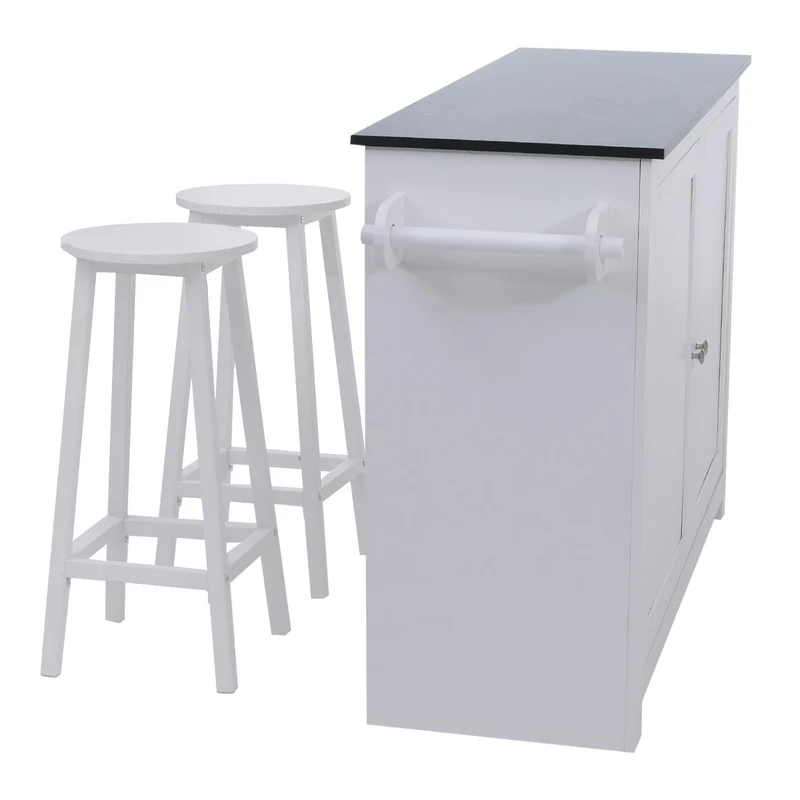 Îlot de cuisine avec 2 tabourets placard de rangement et tiroir 90x120x45 cm blanc et noir 04_0008781