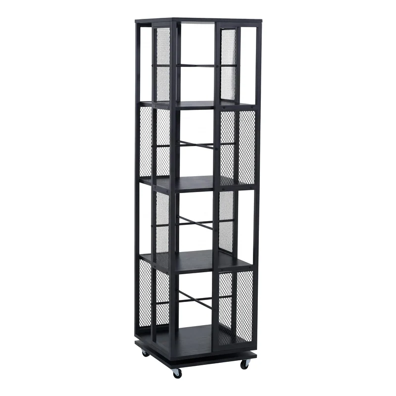 Bibliothèque rotative étagère style industriel avec roulettes 147 cm en métal et MDF noir 04_0008768