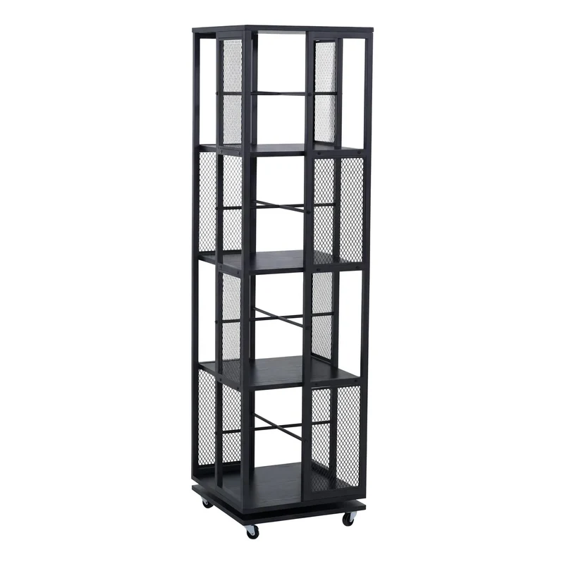 Bibliothèque rotative étagère style industriel avec roulettes 147 cm en métal et MDF noir 04_0008768