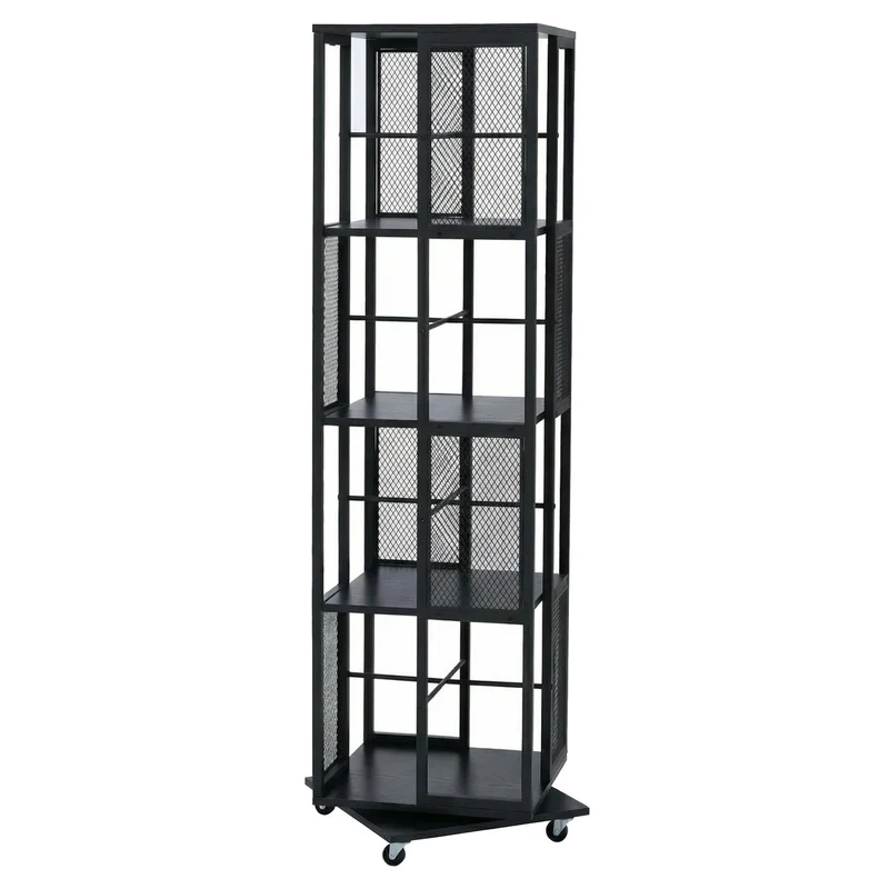 Bibliothèque rotative étagère style industriel avec roulettes 147 cm en métal et MDF noir 04_0008768