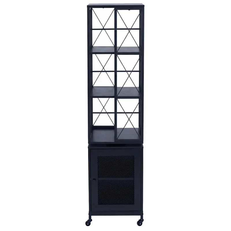 Bibliothèque étagère pivotante rotation 360° avec porte sur roulettes style industriel 162x40x42 cm en métal et MDF noir 04_0008775