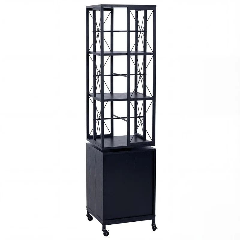 Bibliothèque étagère pivotante rotation 360° avec porte sur roulettes style industriel 162x40x42 cm en métal et MDF noir 04_0008775