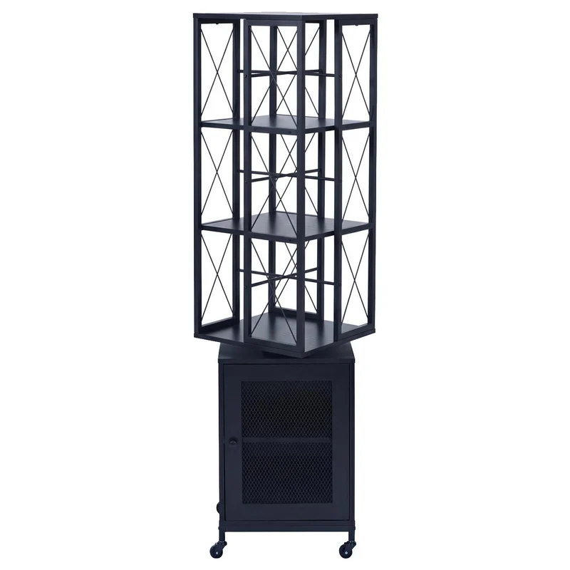 Bibliothèque étagère pivotante rotation 360° avec porte sur roulettes style industriel 162x40x42 cm en métal et MDF noir 04_0008775