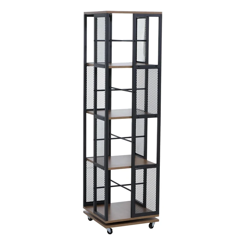 Bibliothèque rotative étagère style industriel avec roulettes 147 cm en métal et MDF brun clair 04_0008771