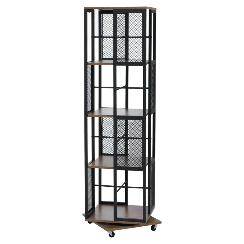 Bibliothèque rotative étagère style industriel avec roulettes 147 cm en métal et MDF brun clair 04_0008771