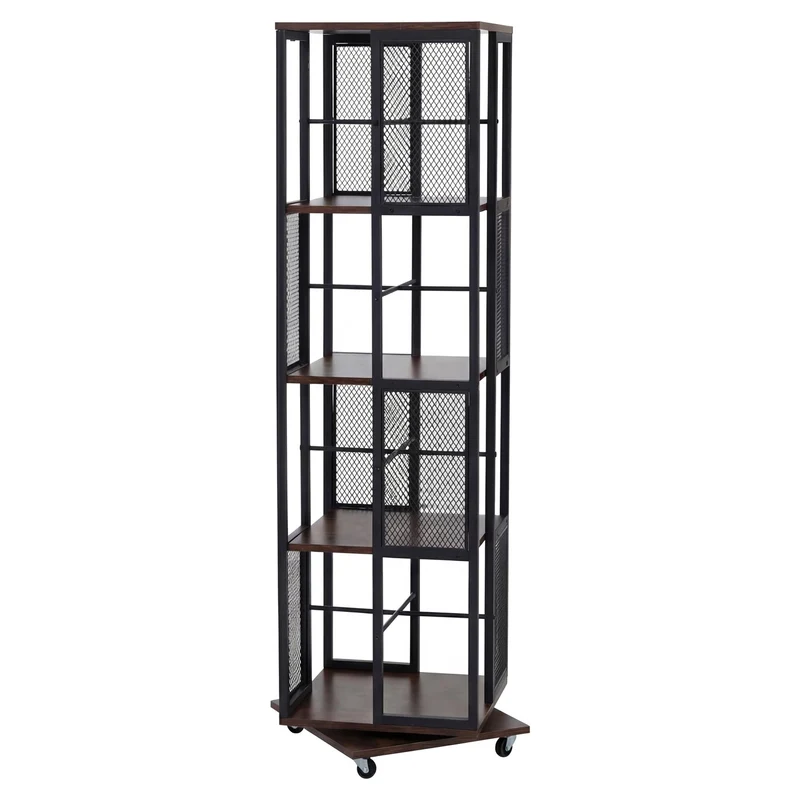 Bibliothèque rotative étagère style industriel avec roulettes 147 cm en métal et MDF brun foncé 04_0008769