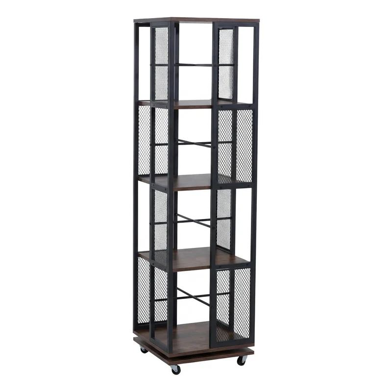 Bibliothèque rotative étagère style industriel avec roulettes 147 cm en métal et MDF brun foncé 04_0008769