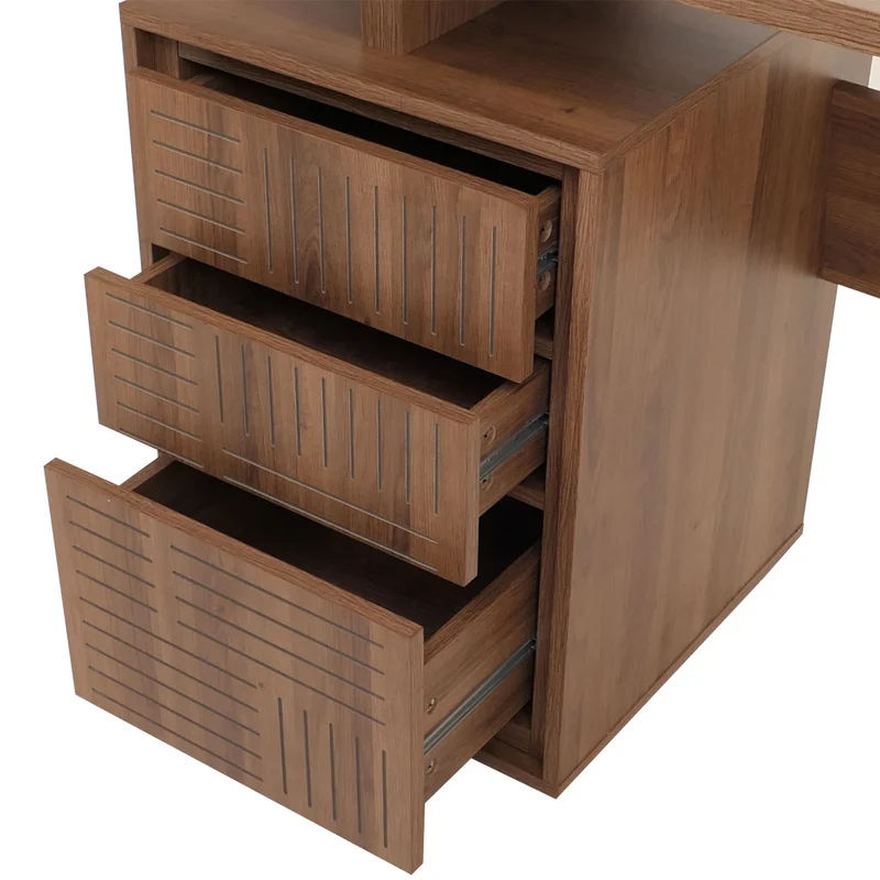 Bureau design minimaliste avec 3 tiroirs push-to-open 118x58 cm en bois avec revêtement mélaminé marron foncé et structure métal 04_0009441