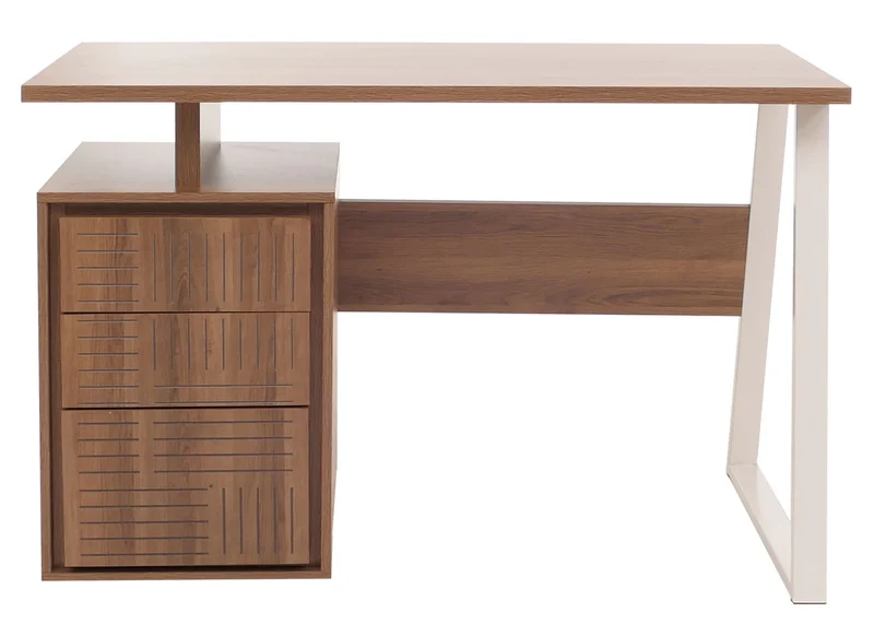 Bureau design minimaliste avec 3 tiroirs push-to-open 118x58 cm en bois avec revêtement mélaminé marron foncé et structure métal 04_0009441