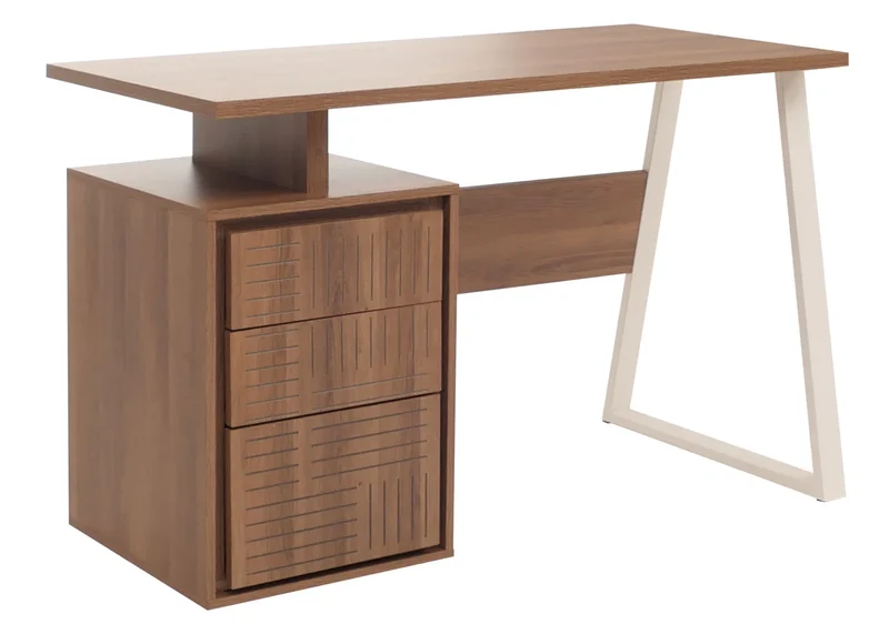 Bureau design minimaliste avec 3 tiroirs push-to-open 118x58 cm en bois avec revêtement mélaminé marron foncé et structure métal 04_0009441