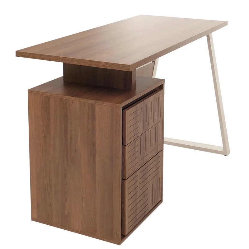 Bureau design minimaliste avec 3 tiroirs push-to-open 118x58 cm en bois avec revêtement mélaminé marron foncé et structure métal 04_0009441