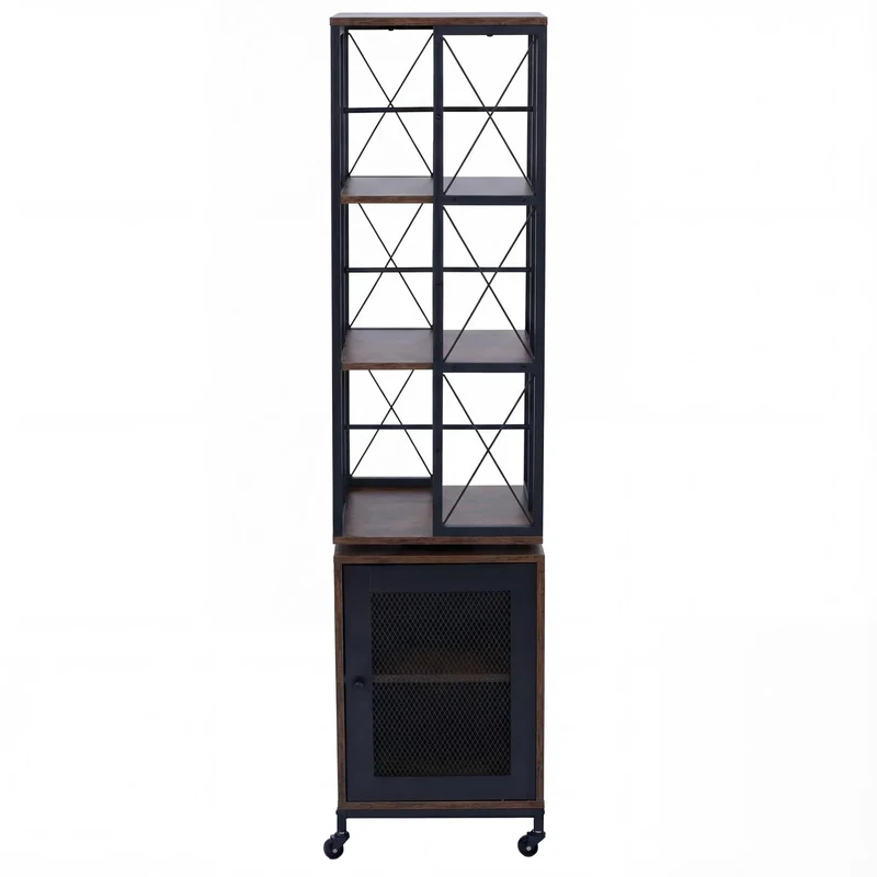 Bibliothèque étagère pivotante rotation 360° avec porte sur roulettes style industriel 162x40x42 cm en métal et MDF marron foncé 04_0008776