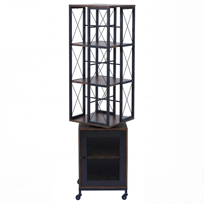 Bibliothèque étagère pivotante rotation 360° avec porte sur roulettes style industriel 162x40x42 cm en métal et MDF marron foncé 04_0008776