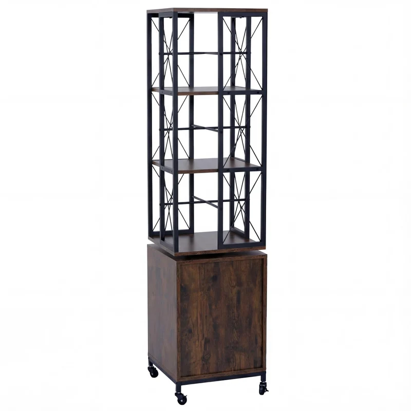 Bibliothèque étagère pivotante rotation 360° avec porte sur roulettes style industriel 162x40x42 cm en métal et MDF marron foncé 04_0008776