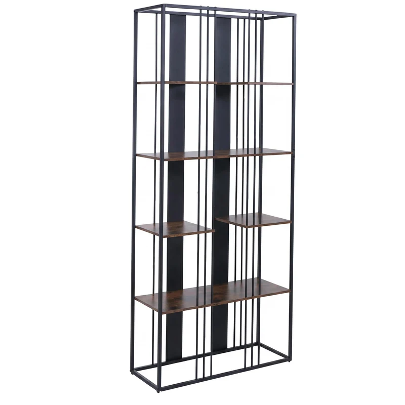 Étagère bibliothèque style industriel meuble haut 180x80x31 cm en métal et MDF finition noir et marron foncé 04_0008778
