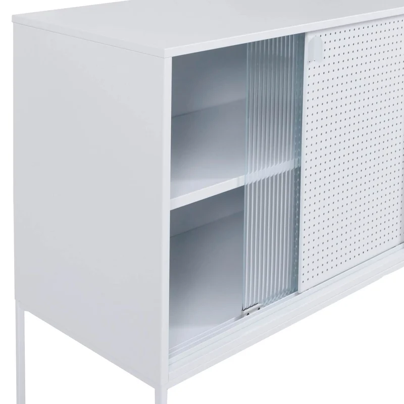 Commode design industriel 85x80x45 cm blanc structure en acier et portes coulissantes en verre strié semi-transparent 04_0008873