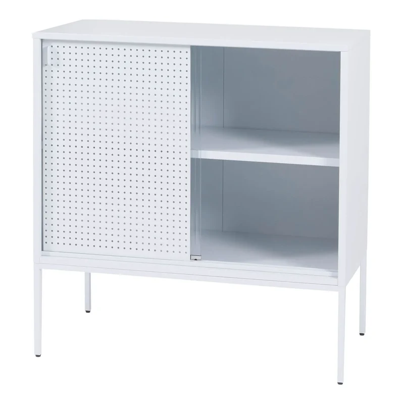 Commode design industriel 85x80x45 cm blanc structure en acier et portes coulissantes en verre strié semi-transparent 04_0008873