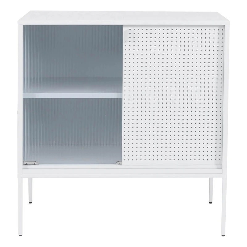 Commode design industriel 85x80x45 cm blanc structure en acier et portes coulissantes en verre strié semi-transparent 04_0008873