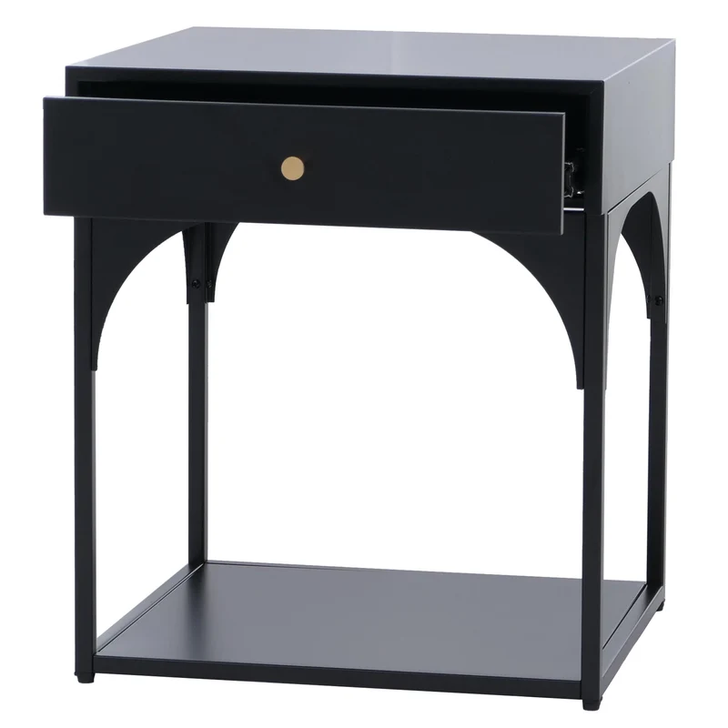 Table de chevet avec tiroir et compartiment ouvert 50x43x41 cm en acier thermolaqué noir 04_0008871