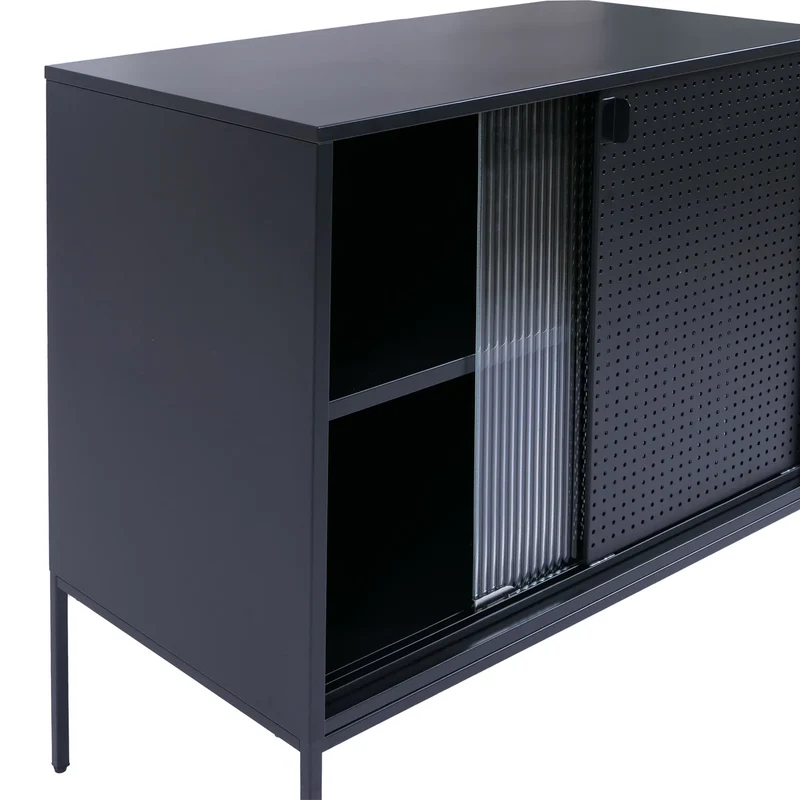 Commode avec portes coulissantes en verre strié style industriel 85x80x45 cm en acier noir 04_0008868