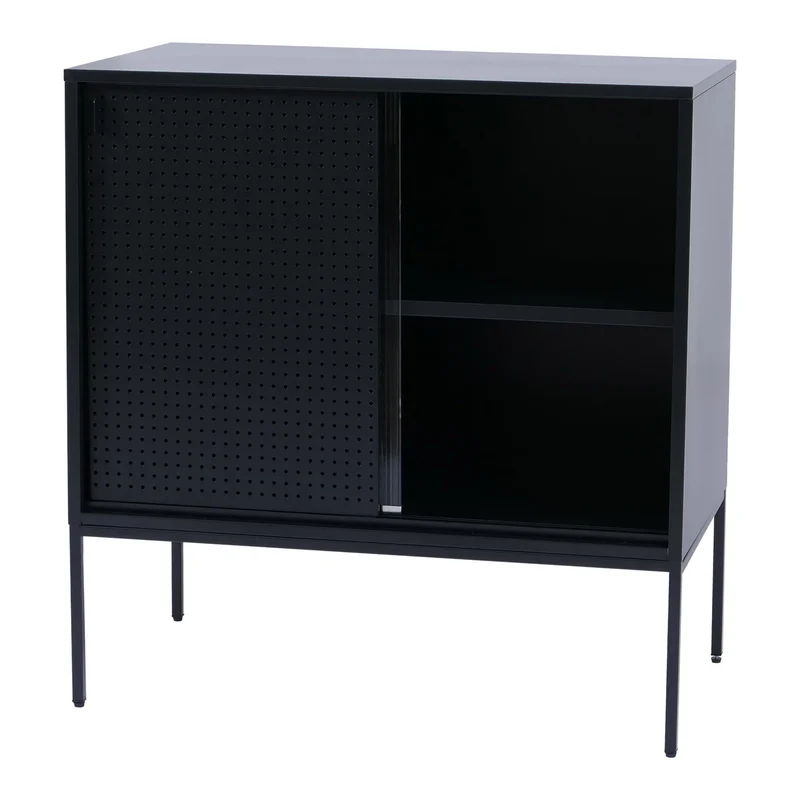 Commode avec portes coulissantes en verre strié style industriel 85x80x45 cm en acier noir 04_0008868