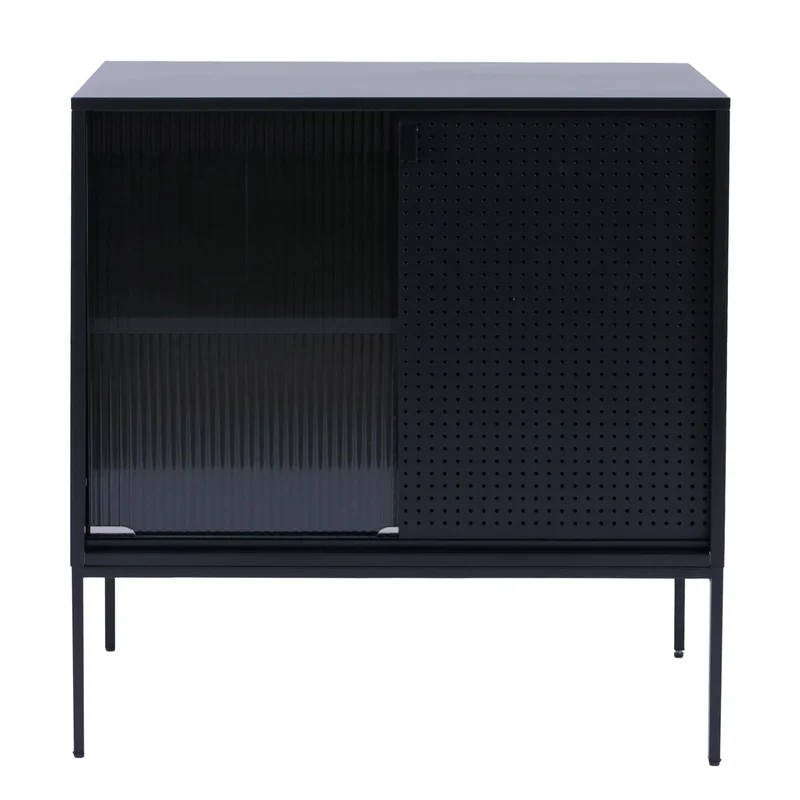 Commode avec portes coulissantes en verre strié style industriel 85x80x45 cm en acier noir 04_0008868