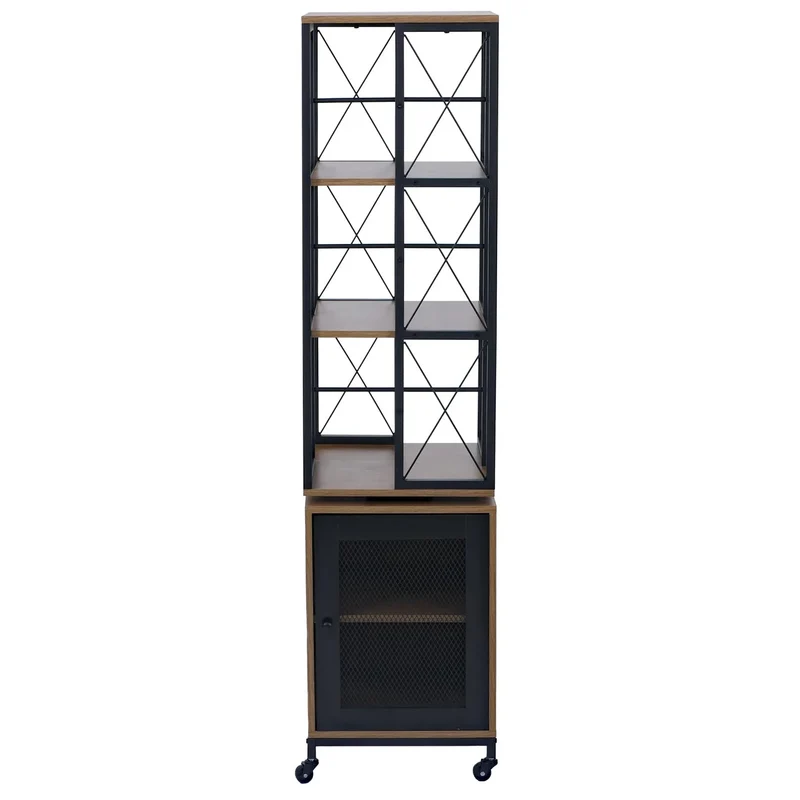Bibliothèque étagère pivotante rotation 360° avec porte sur roulettes style industriel 162x40x42 cm en métal et MDF marron clair 04_0008777