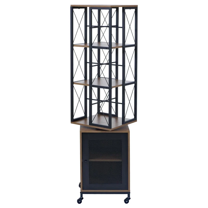 Bibliothèque étagère pivotante rotation 360° avec porte sur roulettes style industriel 162x40x42 cm en métal et MDF marron clair 04_0008777