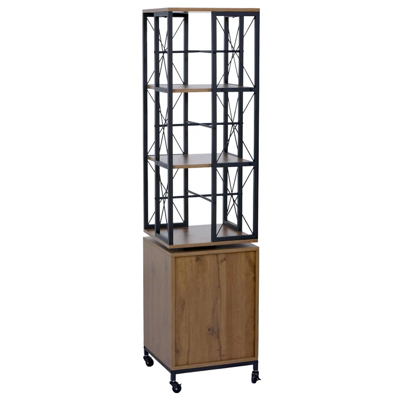 Bibliothèque étagère pivotante rotation 360° avec porte sur roulettes style industriel 162x40x42 cm en métal et MDF marron clair 04_0008777